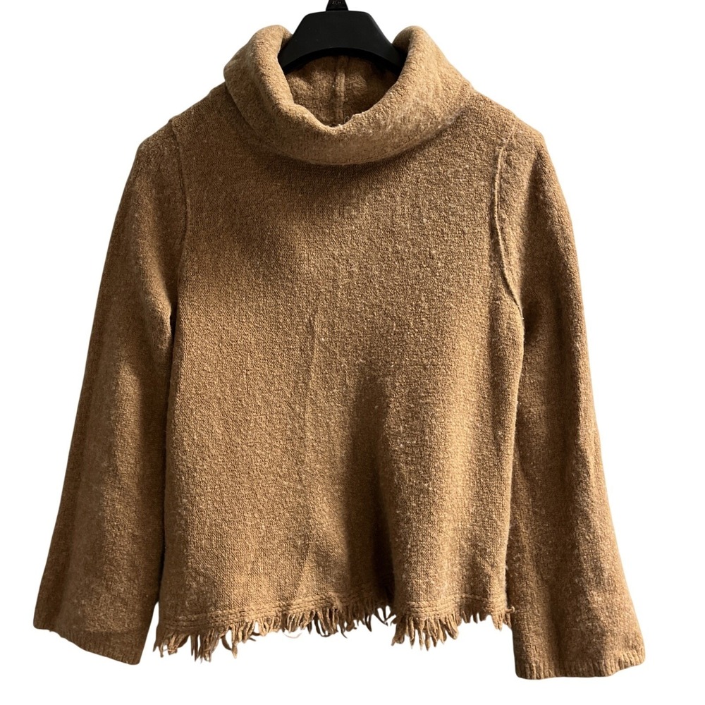 Anthropologie Sweater Womens L Brown Wool Blend Turtleneck Fringe Boxy Neutral